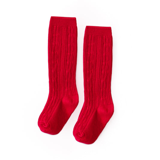 Bright Red Cable Knit Knee High Socks
