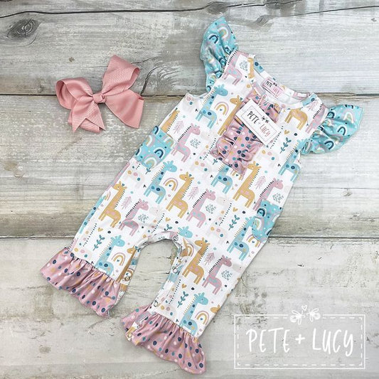 Giraffes and Rainbows Romper with Pockets